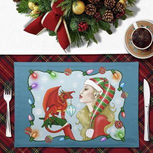 Christmas Blonde Elf Red Dragon Fantasy Cloth Placemat