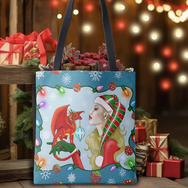 Christmas Blonde Elf Red Dragon Fantasy  Tote Bag (Creator Uploaded)