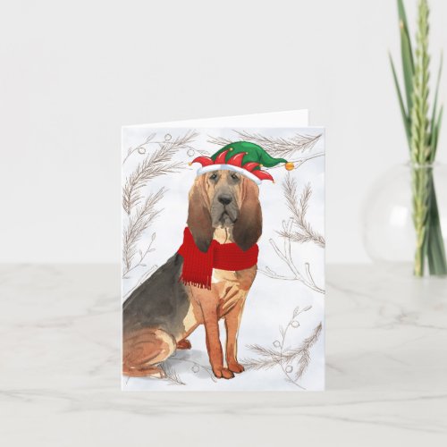 Christmas Bloodhound Dog and Botanical Pines Holiday Card