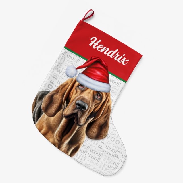 Christmas Bloodhound with Name Woof Background Large Christmas Stocking (Front (Hanging))