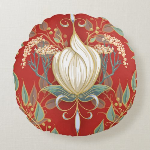 Christmas Blossoms  Red Cream White Round Pillow