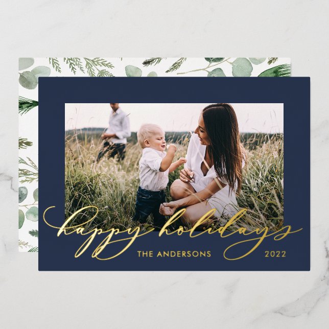Christmas blue 1 photo botanical script  foil holiday card (Front/Back)