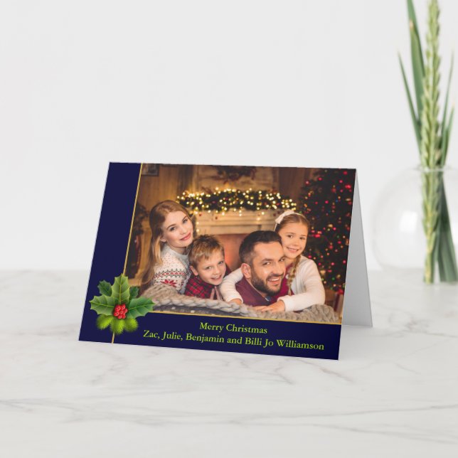 Christmas Blue and Gold Frame With Holly Photo Holiday Card (Front)