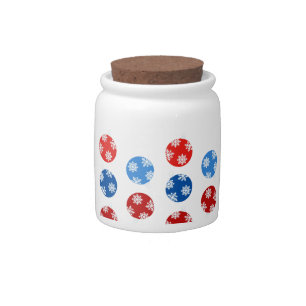 Christmas blue and red ornaments with snowflakes candy jar