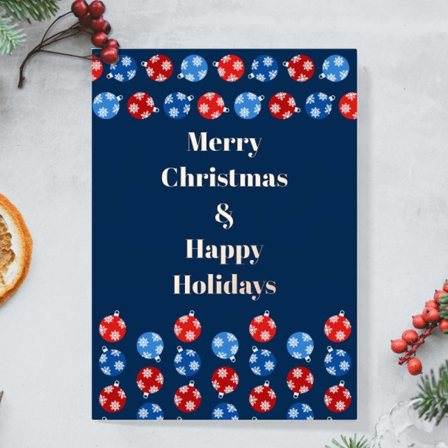 Christmas blue and red ornaments with snowflakes foil holiday card (Christmas blue and red ornaments custom card - personalize it with your photo and your text)