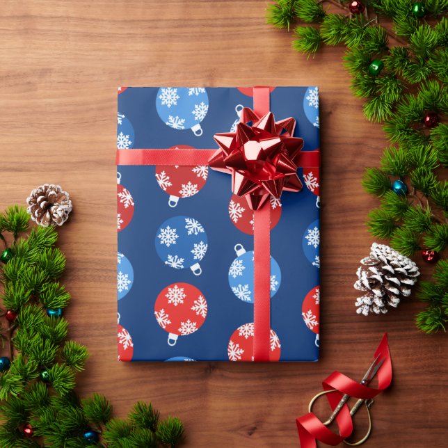 Christmas blue and red ornaments with snowflakes wrapping paper (Holiday Gift)
