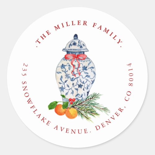 Christmas Blue and white Ginger jar  address Classic Round Sticker