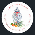 Christmas Blue and white Ginger jar  address Classic Round Sticker<br><div class="desc">Elegant and festive hand painted watercolor ginger jar with Christmas decoration return address.</div>