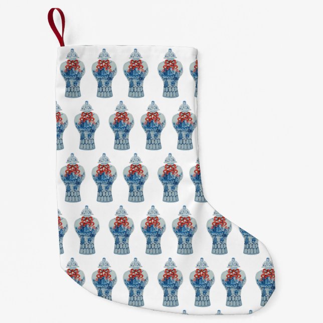 Christmas Blue and White Ginger Jar Small Christmas Stocking (Front)