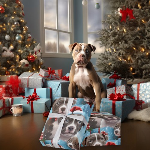 Christmas Blue and White Pitbull Pups  Wrapping Paper