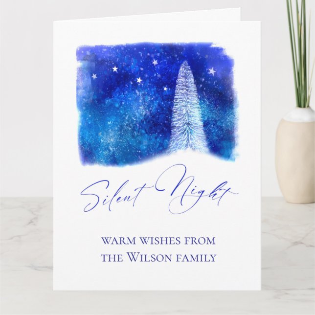 Christmas blue and white Silent Night snowy tree  Card (Front)