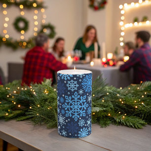 Christmas Blue and White Snow Flake Illustration Pillar Candle