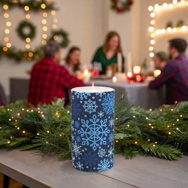 Christmas Blue and White Snow Flake Illustration Pillar Candle (Creator Uploaded)
