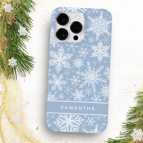 Christmas Blue and White Snowflakes Monogrammed Case_Mate iPhone 14 Pro Max Case