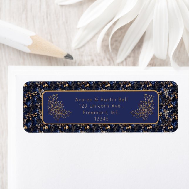 Christmas Blue Background With Gold Holly Leaf Label (Insitu)