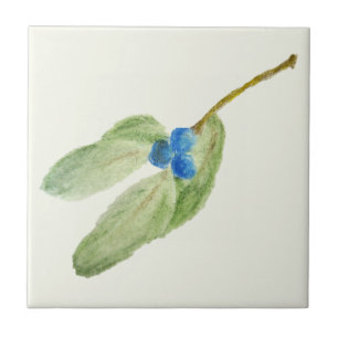 Christmas Blue Berries Sprig Rustic Botanical Ceramic Tile
