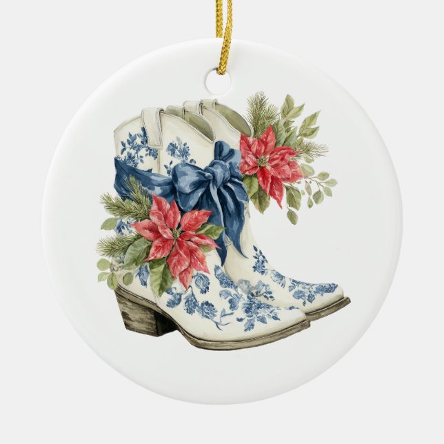 Christmas Blue Chinoiserie Cowgirl Boots Ceramic Ornament (Front)