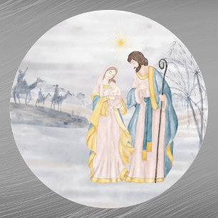 Christmas Blue Christian Religious Watercolor Classic Round Sticker
