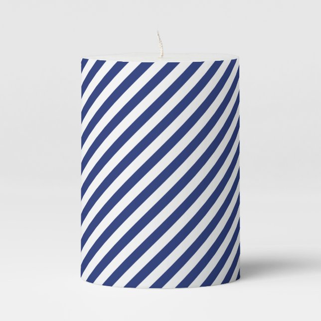 Christmas Blue Color White Stripes Xmas Holiday Pillar Candle (Front)
