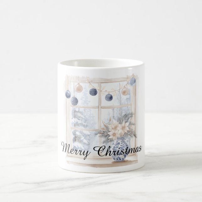 Christmas Blue Cream Ornaments Flowers Tree Window Coffee Mug (Center)