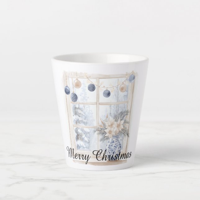 Christmas Blue Cream Ornaments Flowers Tree Window Latte Mug (Front)
