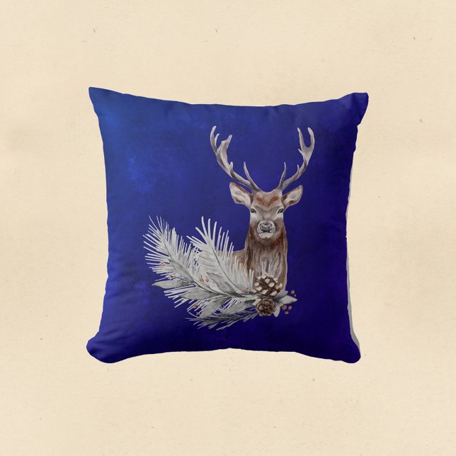 Christmas Blue Deer Pine Branch Cones Watercolor Throw Pillow (Creator Uploaded)