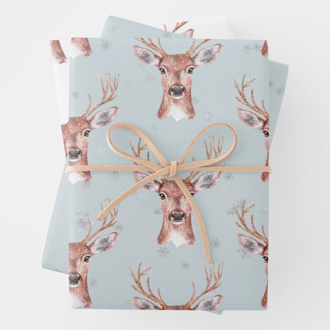 Christmas Blue Deer Snow Wrapping Paper Sheets (In situ)
