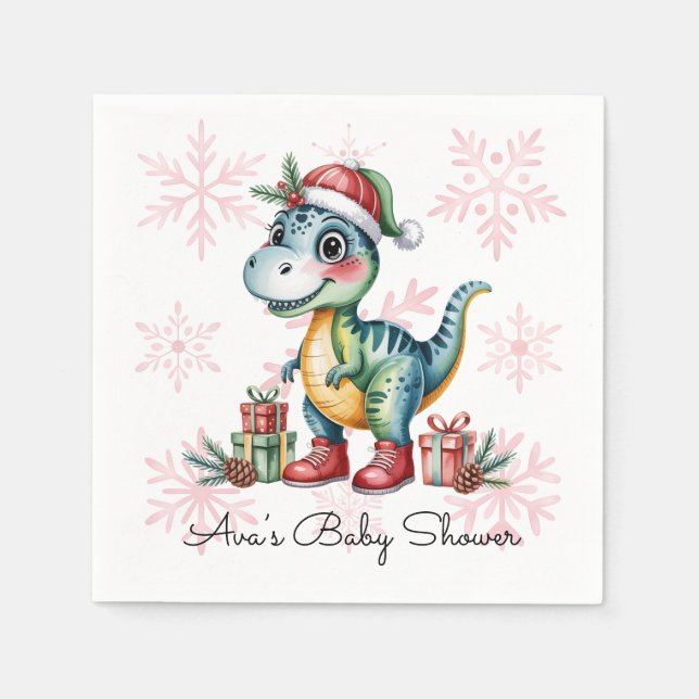 Christmas Blue Dino and Presents Boy Baby Shower Napkins (Front)