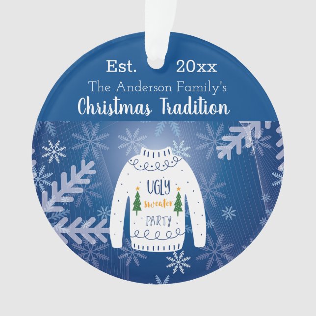 Christmas blue family annual party ugly sweater ornament (Front)
