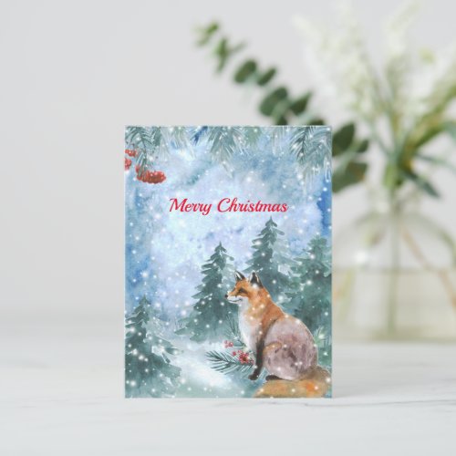 Christmas Blue Fox Landscape Watercolor Holiday Postcard