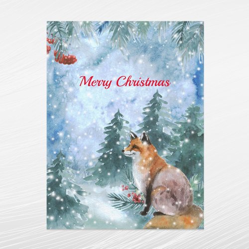 Christmas Blue Fox Landscape Watercolor Holiday Postcard