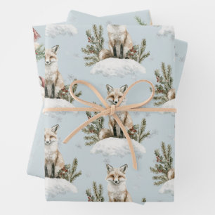 Christmas Blue Fox Snow Wrapping Paper Sheets