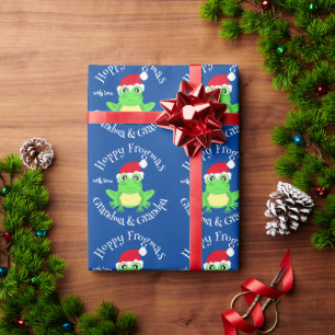 Christmas Blue Frog Santa Hat Novelty Name Wrapping Paper