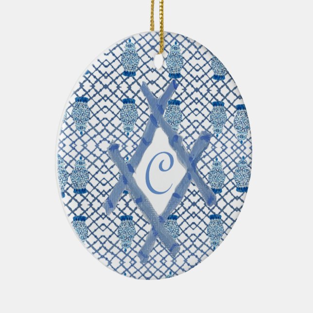 Christmas Blue Ginger Jar Ceramic  Ceramic Ornament (Right)