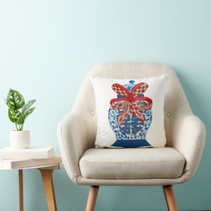 Christmas Blue Ginger Jar Throw Pillow