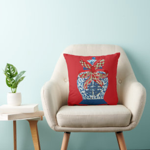 Christmas Blue Ginger Jar Throw Pillow