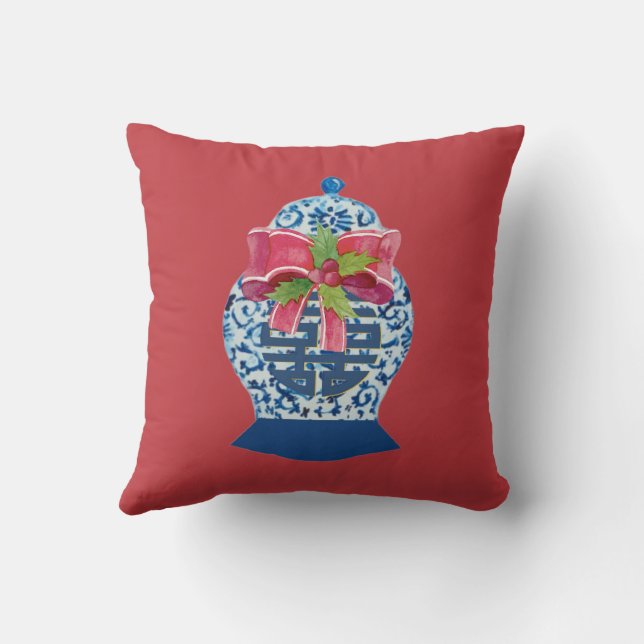 Christmas Blue Ginger Jar     Throw Pillow (Back)