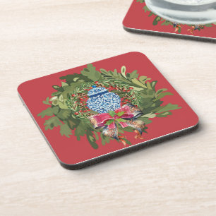 Christmas Blue Ginger Jar Wreath Beverage Coaster