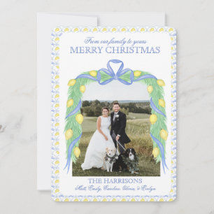 Christmas Blue Gingham Garland One Photo Vintage Holiday Card