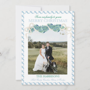 Christmas Blue Gingham Garland One Photo Vintage Holiday Card