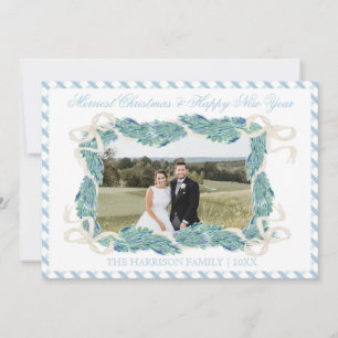 Christmas Blue Gingham Garland Vintage Horizontal Holiday Card