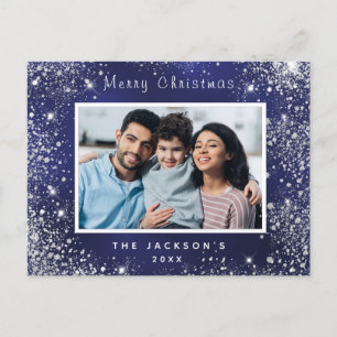 Christmas blue glitter family photo postcard