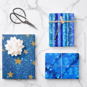 Christmas Blue Glitter Gold Stars, Floral Sparkle Wrapping Paper Sheets
