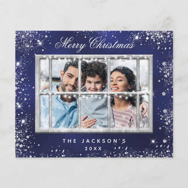 Christmas blue glitter photo window card | Zazzle
