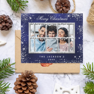 Christmas blue glitter photo window card