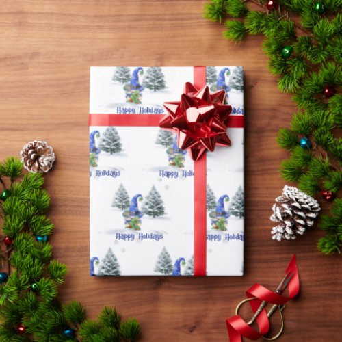 Christmas Blue Gnome in Snowflakes Wrapping Paper