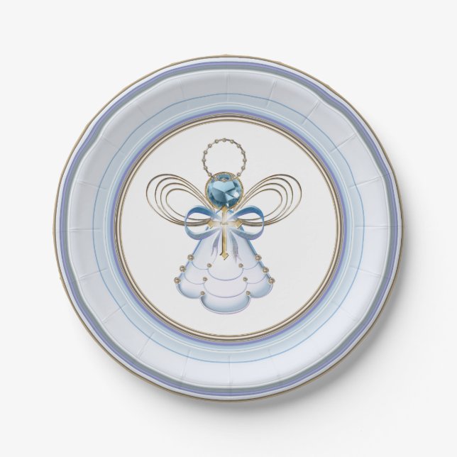 Christmas Blue/Gold Angel of Faith Filigree Paper Plates (Front)