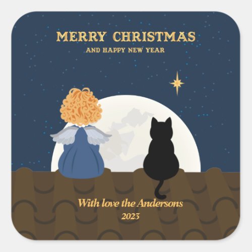 Christmas blue gold cute baby angel  square sticker