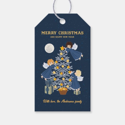 Christmas blue gold cute baby angel tree gift tags