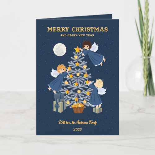 Christmas blue gold cute baby angel tree photocard holiday card